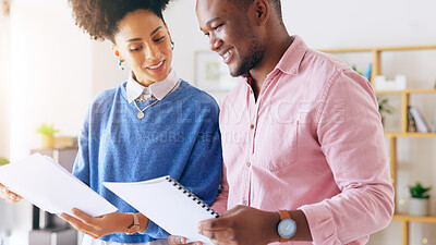 Buy stock photo Paperwork, discussion and business people in the office doing research in collaboration for creative project. Documents, teamwork and professional designers working together in modern workplace.