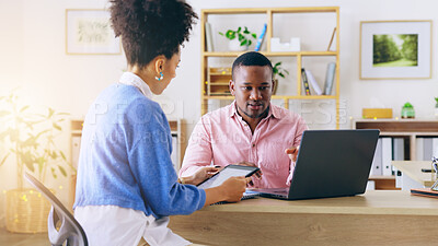 Buy stock photo Teamwork, market research and man with woman at desk with laptop, tablet and brainstorming in office. Coworking, thinking and business people reading email, report or online review at digital agency.