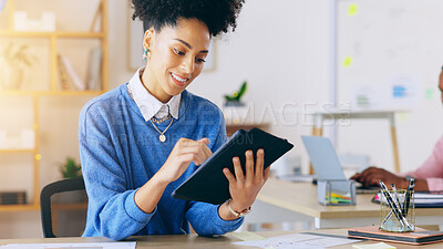 Buy stock photo Tablet, reading and happy professional woman typing, research and analysis of report, social media review or blog feedback. Connectivity, happiness and african business person check app information 