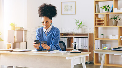 Buy stock photo Face, happy woman and card for e commerce in office for digital banking, fintech or online shopping. African person, female and smile with smartphone, app or payment for retail, services or sale

