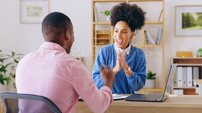 Buy stock photo Happy woman, clapping and employee with strategy in office for business meeting with laptop. People, together and planning or celebrate success or online for presentation with clients in excitement