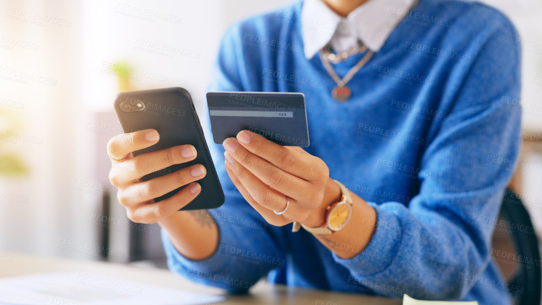 Buy stock photo Credit card, phone and hands of business woman in office with sign up, membership or banking. Online shopping, password and lady entrepreneur with smartphone app for payment, cashback or subscription