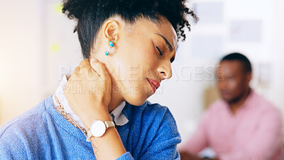 Buy stock photo Neck pain, business woman and medical problem with anxiety, burnout and stress in a office. Worker, injury and inflammation with tired female professional at a workplace with muscle strain from work