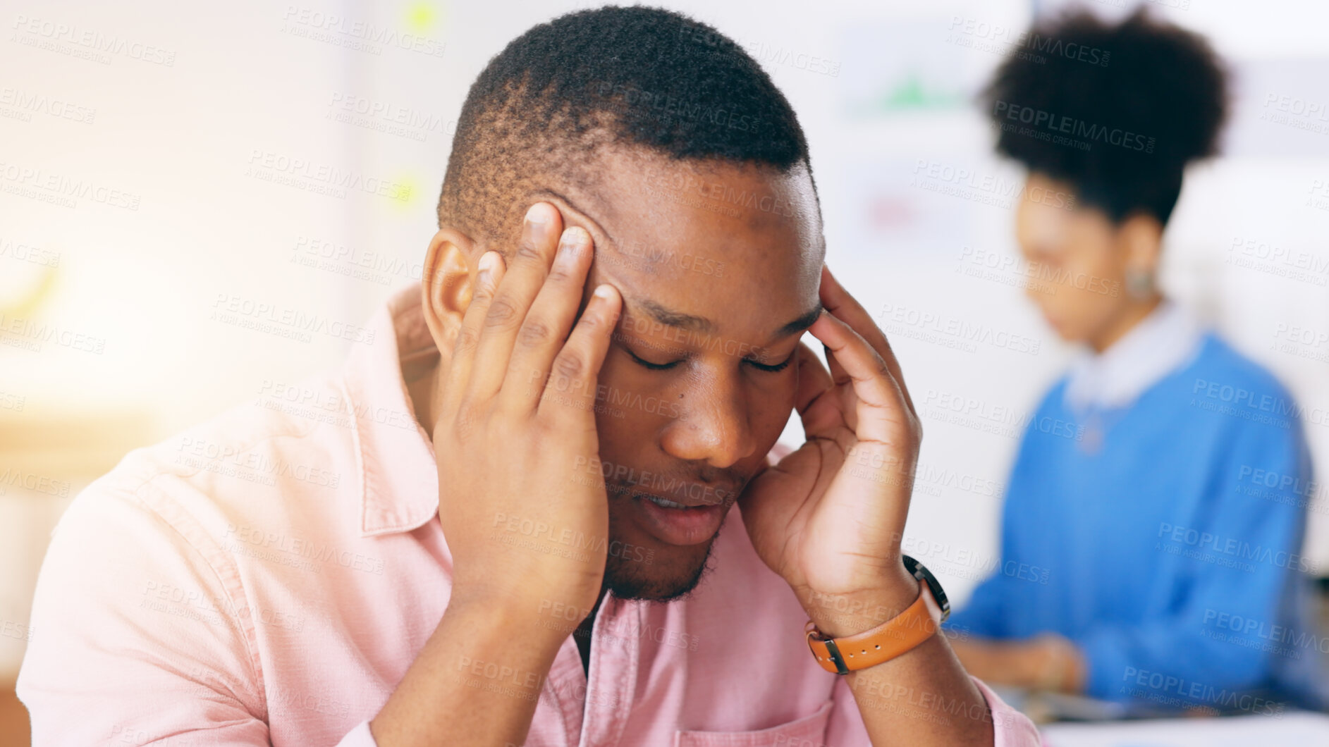 Buy stock photo Business, stress and black man with headache in office frustrated by vertigo or tension. Burnout, migraine and worried male manager with anxiety, mistake or fail, problem or brain fog tension crisis