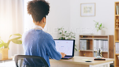 Buy stock photo Business woman, laptop and typing with office administration and planning with back. Employee, female professional and online work at a desk with company working and tech for web project review