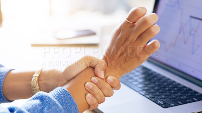 Buy stock photo Hand pain, closeup and business woman on laptop in office with arthritis, carpal tunnel or osteoporosis. Wrist, injury or female accountant with muscle, joint or fibromyalgia, inflammation or tension