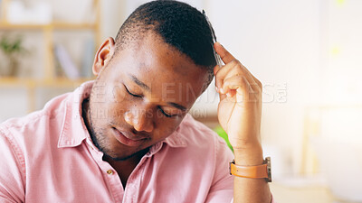 Buy stock photo Stress, anxiety and business man in office angry, fear or frustrated by mistake, disaster or headache. Fail, face and African male designer disappointed, regret or overthinking mental health crisis