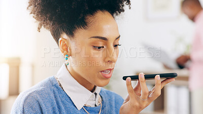 Buy stock photo Office, speaker and phone call, woman talking at desk planning schedule and mobile b2b chat app. Business, communication and voice note, receptionist on smartphone conversation networking at startup.