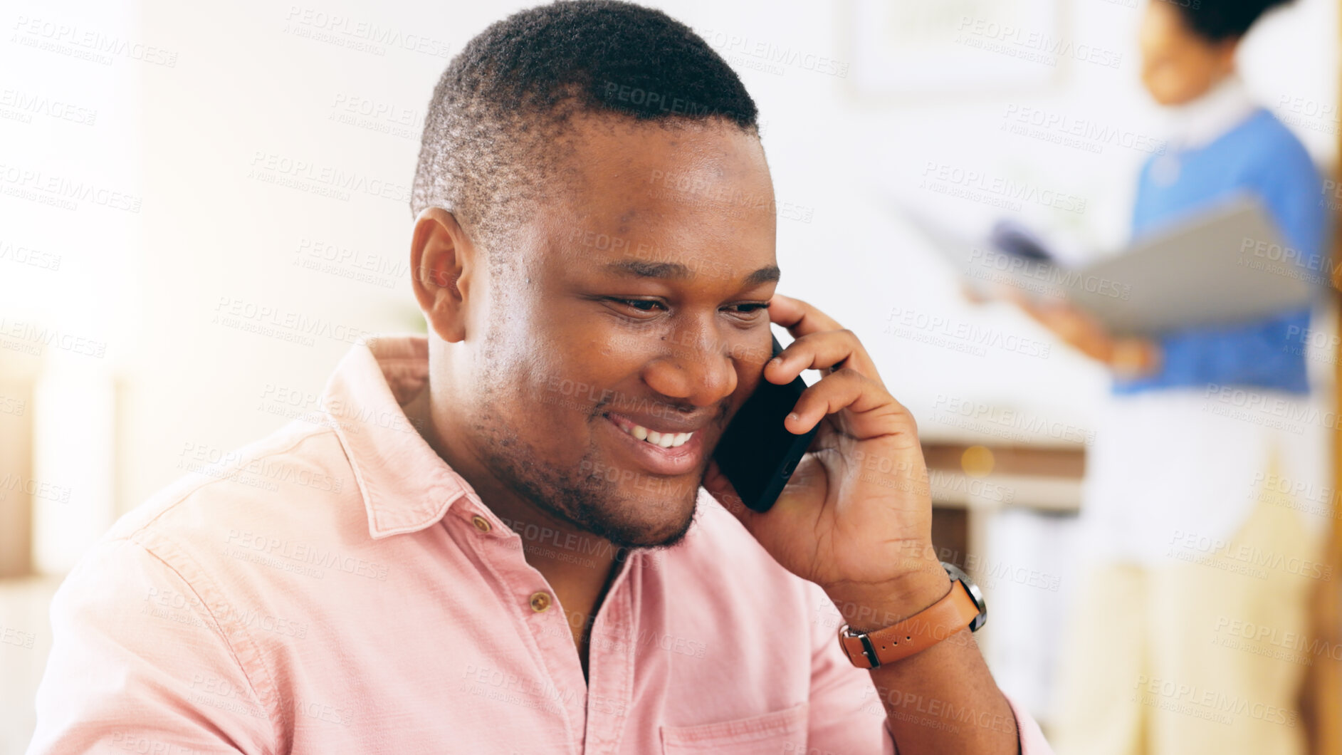 Buy stock photo Office, black man and phone call, talking at desk and planning schedule for mobile b2b chat app. Business, communication and contact, businessman on smartphone conversation networking at startup.