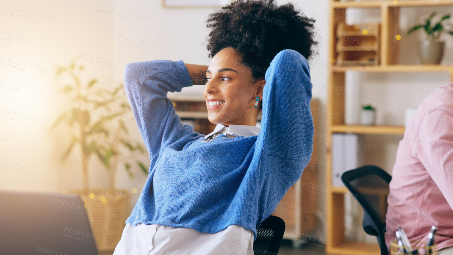 Buy stock photo Hands on head, relax and woman in home on break from working, remote work and freelance job. Happy, professional and calm person finish project, deadline and  in living room for startup business