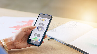 Buy stock photo Closeup, smartphone and hand on app for food delivery, meal or service by online, internet or web. Person, homepage or digital on screen for order of lunch, dinner or snack at office, report and book