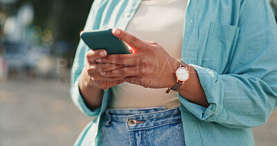 Hand of female chatting on mobile smartphone app for networking with 5G connection in urban town. Woman, hands and phone typing in city for social media post, communication or texting in the outdoors.