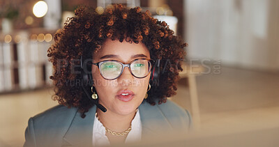 Call center agent, consulting and consultant talking on video call and working at night on customer service. Contact us, telemarketing and friendly woman employee using computer for CRM and support