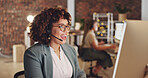 Night call center and happy woman, agent or consultant global discussion, tech support or service at ecommerce startup. Friendly biracial person or business telecom worker virtual talking on computer