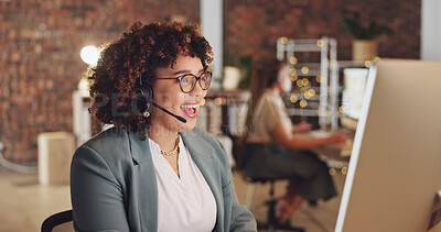 Night call center and happy woman, agent or consultant global discussion, tech support or service at ecommerce startup. Friendly biracial person or business telecom worker virtual talking on computer