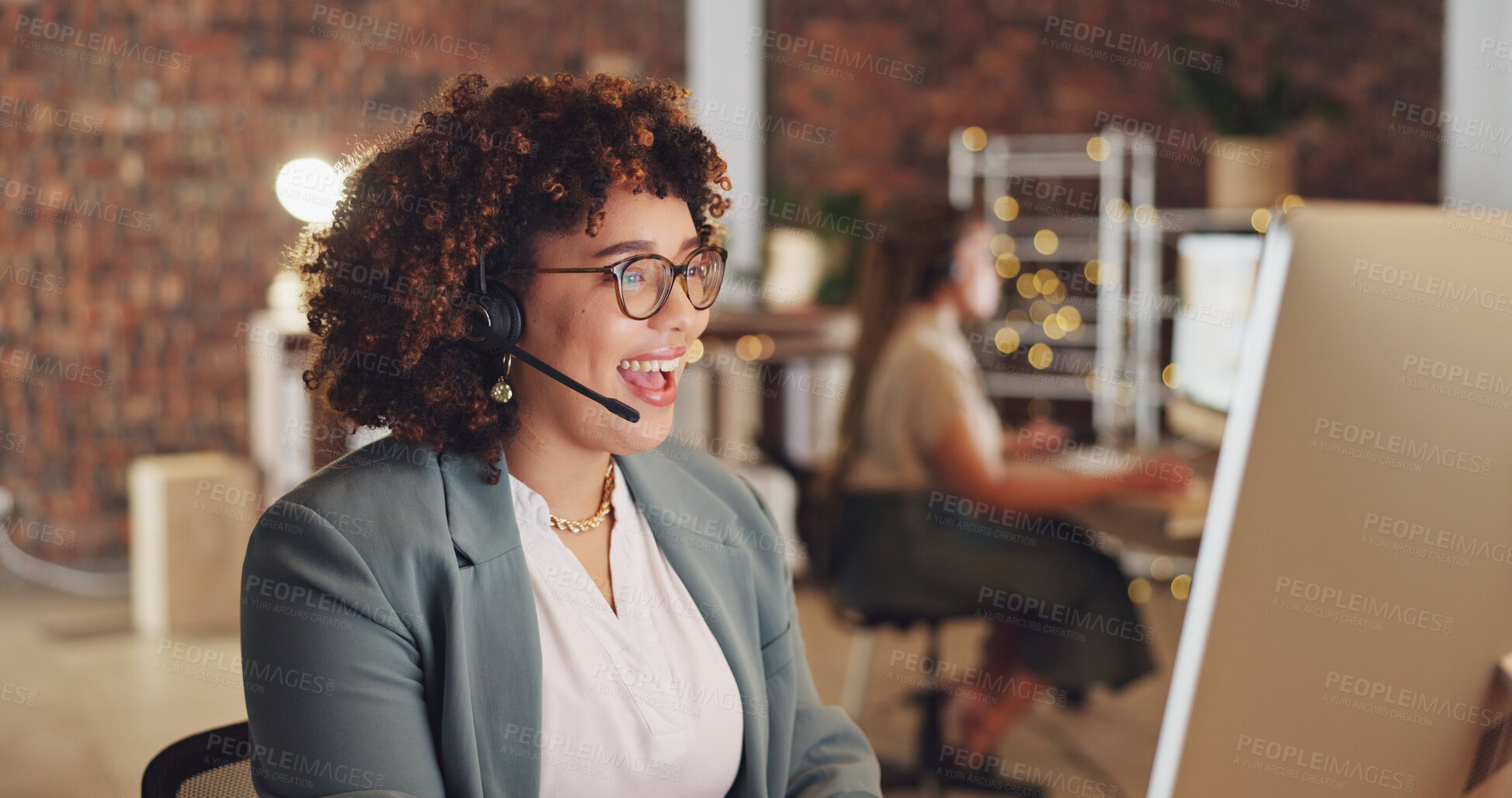 Buy stock photo Happy woman, night and callcenter with phone call and CRM, virtual assistant in conversation and computer. Communication, telecom and customer service consultant, contact us and help desk with talk