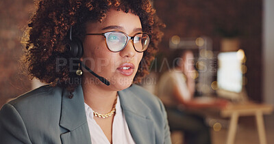 Call center, telemarketing and woman talking, customer service and helping client online. Female consultant, agent and employee with headset, tech support and conversation in workplace for ecommerce