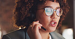 Call center, woman and consultant with telemarketing, talking and connection for customer service. Female agent, lady and operator in workplace, tech support and communication in workplace and help