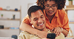 Love, social media and happy couple on sofa with phone, happiness and checking meme in apartment. Smile, man and woman on couch in living room, smartphone and quality time bonding together in home.