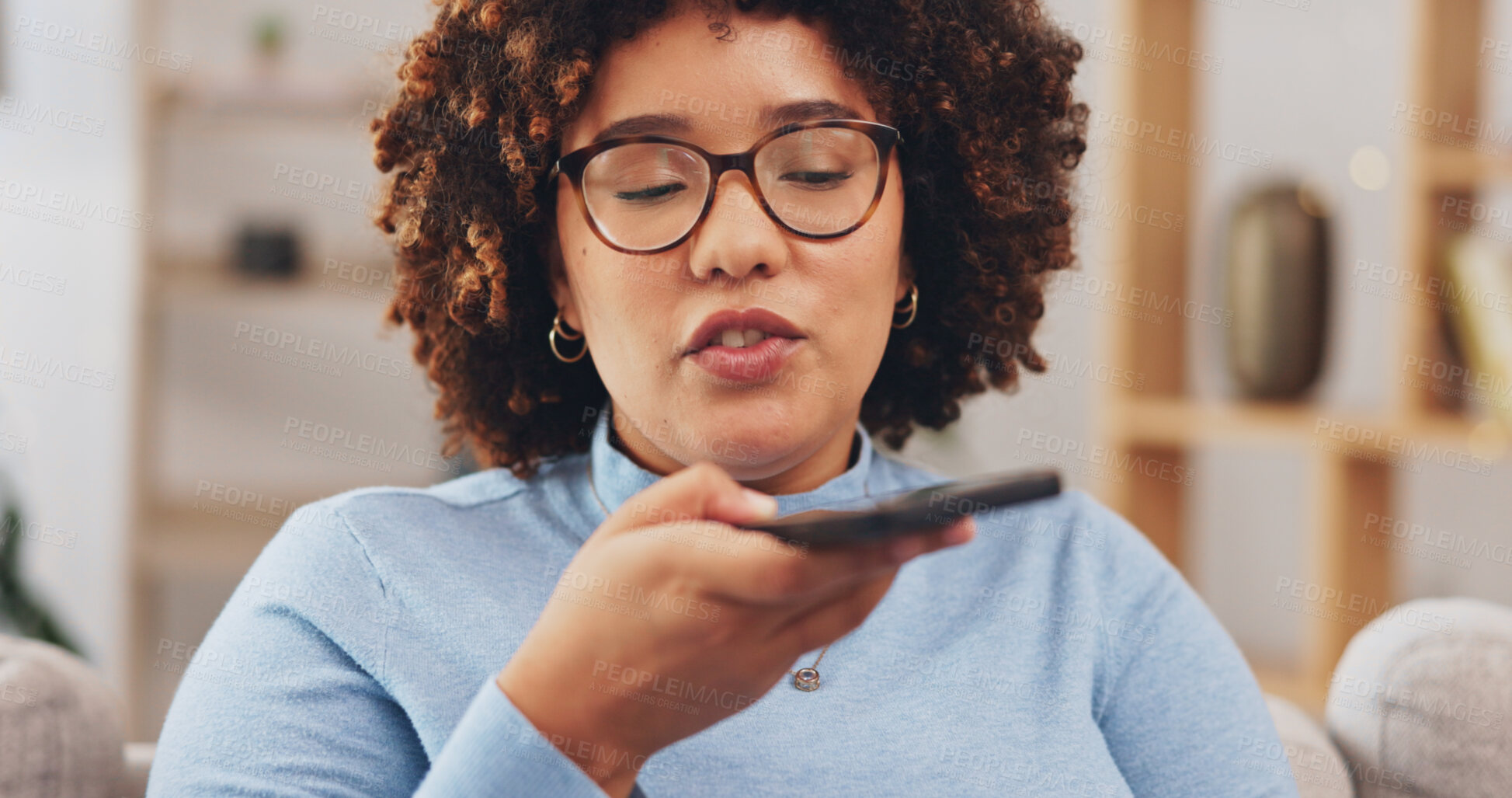 Buy stock photo Voice note, news and woman on couch with phone call, networking and conversation in home. Discussion, contact and girl on sofa, speaking on cellphone with connection and communication in living room.