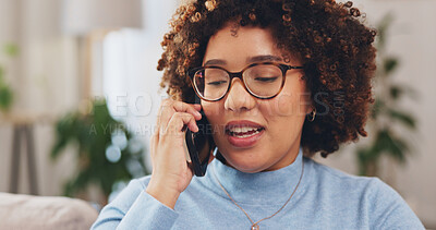 Happy, woman and hello for talking with phone call in living room, communication and networking to chat on sofa. Female person, smartphone and smile for mobile conversation, contact and connection