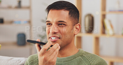Happy man, talking and phone call with loudspeaker in home for voice note, sound and conversation. Male person, mobile and communication with microphone connection, audio chat and digital recording