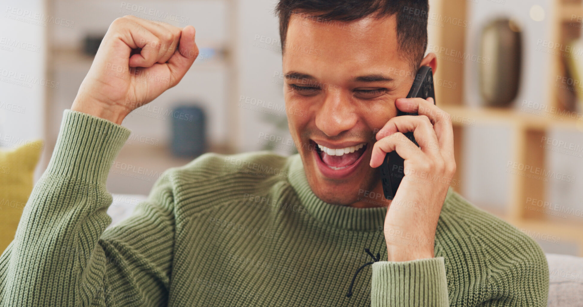 Buy stock photo Winner, phone call and man on sofa with fist pump for winning, achievement and reward at home. Excited, happy and person cheer in living room with good news, success and celebration for online bonus