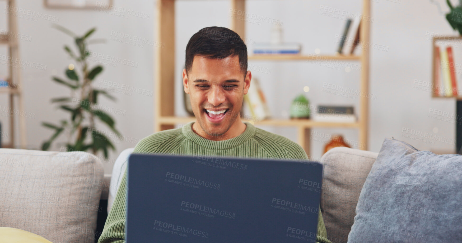 Buy stock photo Laptop, celebration and man in home for success, lottery and winning competition online. Good news, computer and guy with smile, happy and excited for website achievement, victory and prize winner