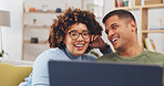 Laptop, couple and happiness on sofa in home living room, relax and bonding together. Computer, talking and man and woman on couch online browsing, streaming movie and watching interracial video.