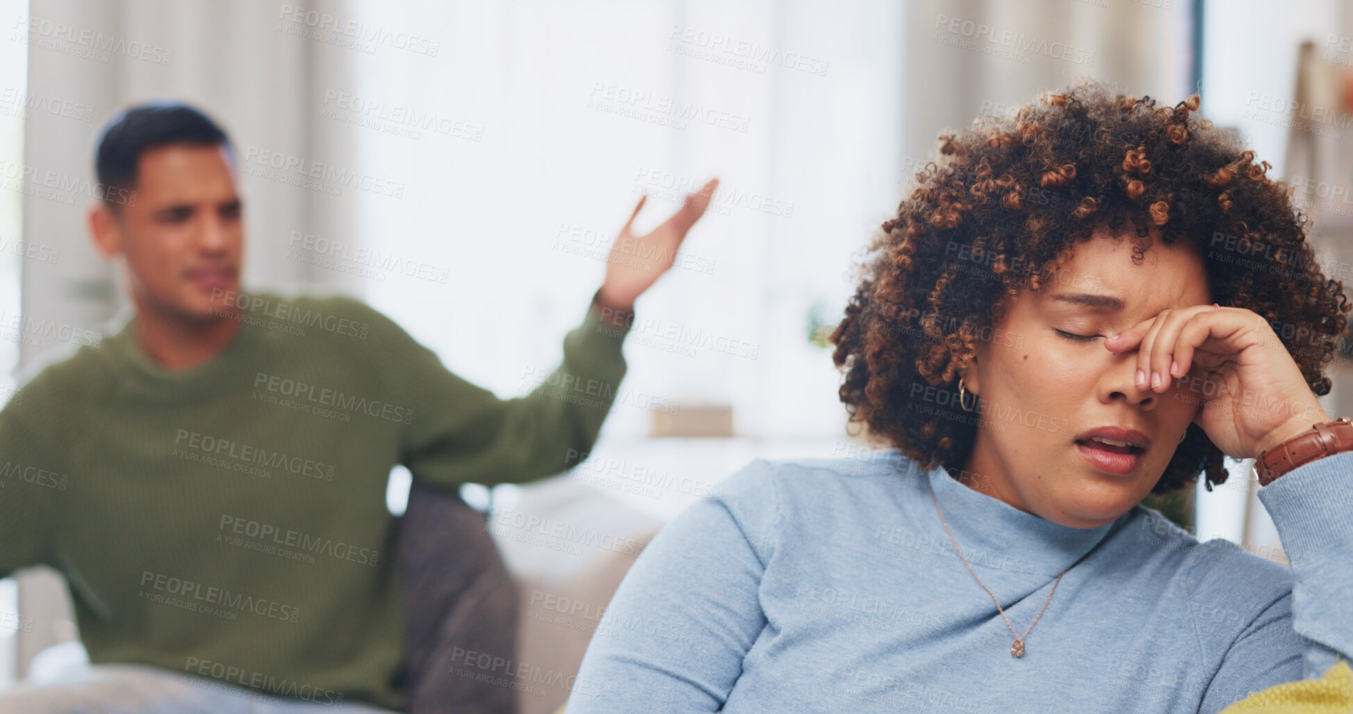 Buy stock photo Fight, couple and conflict with marriage, home and breakup argument with cheating, depression or screaming. People, apartment or man with woman, infidelity or relationship fail with divorce or ignore