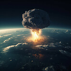 Earth, war and nuclear explosion of bomb in apocalypse world and ai generated atomic, mushroom cloud