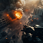 Explosion, war and army with soldier or aerial of ai generated military bomb fire in city apocalypse