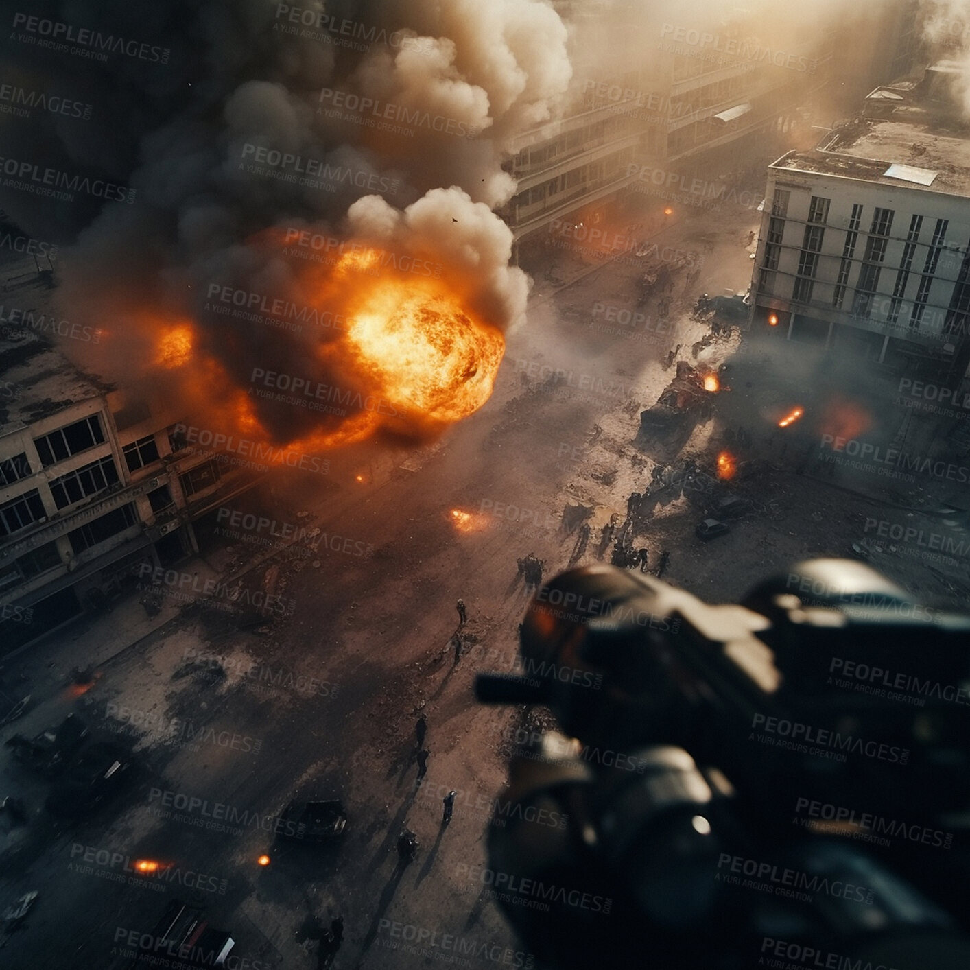 Buy stock photo Explosion, war and army with soldier or aerial of ai generated military bomb fire in city apocalypse