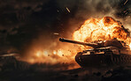 Battle, military and army with tank in war and explosion. Ai generated bomb on mission in apocalypse dystopia