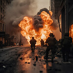 Running, war and army soldier with explosion and ai generated, military bomb fire in city apocalypse