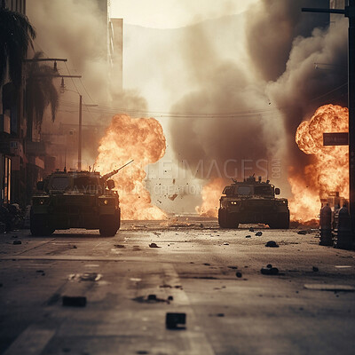 Buy stock photo Military and army with tank in war with explosion. Ai generated bomb  on urban mission in apocalypse