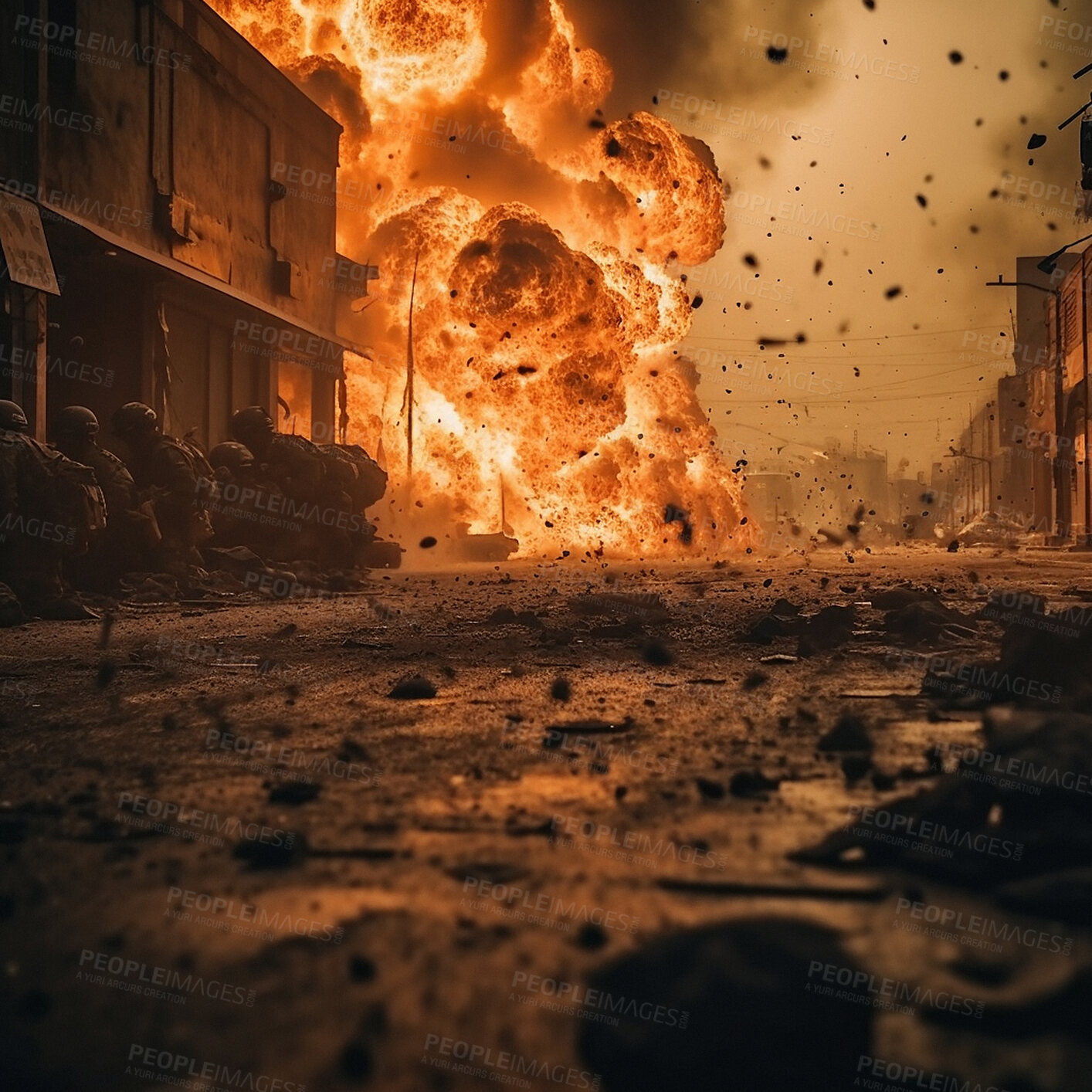 Buy stock photo City, war and army with soldier and explosion . Ai generated military fight with bomb in apocalypse