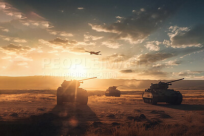 Buy stock photo Plane, military and army tank on war field in conflict fight. Ai generated of jet or soldier vehicle