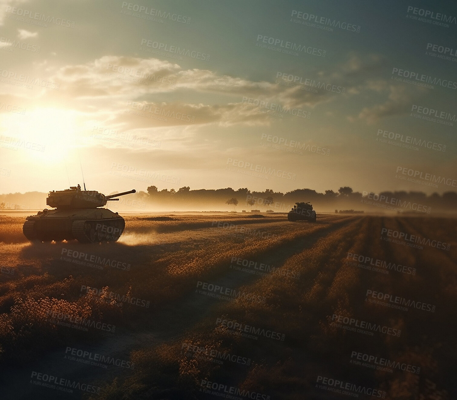 Buy stock photo Battle, military and army tank on war field in fight. Ai generated weapon vehicle or soldier machine