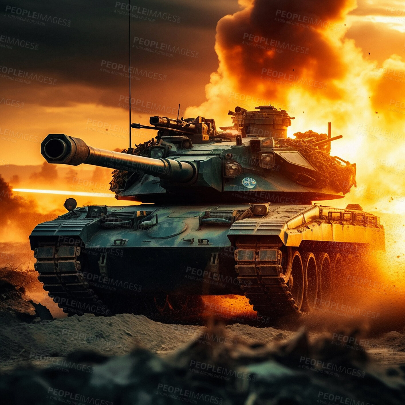 Buy stock photo Battle, military and army with tank in war and explosion. Ai generated bomb on mission in apocalypse dystopia