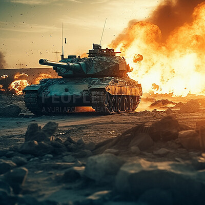Buy stock photo Battle, military and army with tank in war and explosion. Ai generated bomb on mission in apocalypse dystopia