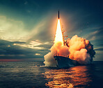 Ship or rocket missile launch in military or sea war. Ai generated army boat explosion on the ocean