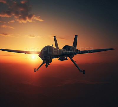 Buy stock photo War plane in sunset sky for army or military. Ai generated fighter jet in air force in apocalypse