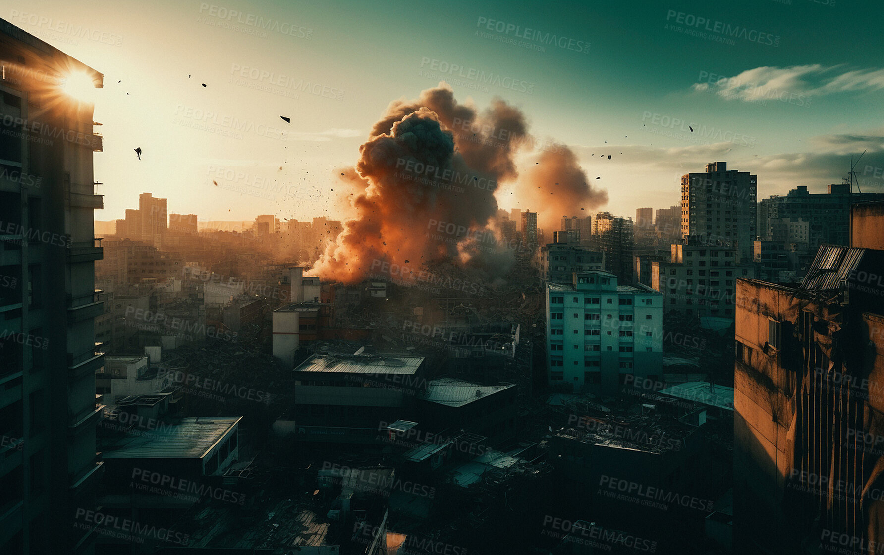 Buy stock photo Explosion, war and army by city building for military. Ai generated dystopia or apocalypse with bomb