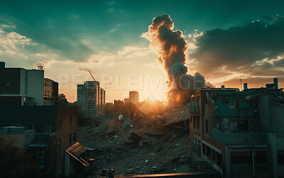 Buy stock photo Explosion, war and army by city building for military. Ai generated dystopia or apocalypse with bomb