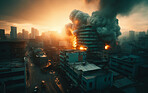 Explosion, war and army by city building for military. Ai generated dystopia or apocalypse with bomb