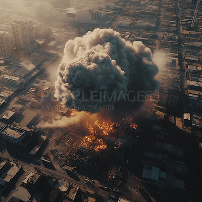 Buy stock photo Explosion, war and army by city building for military. Ai generated dystopia or apocalypse with bomb