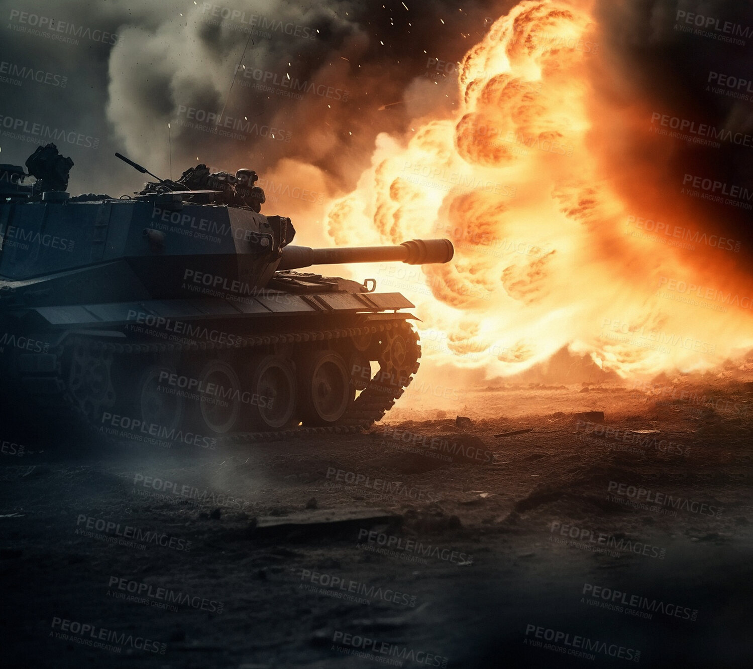 Buy stock photo Battle, military and army with tank in war and explosion. Ai generated bomb on mission in apocalypse dystopia