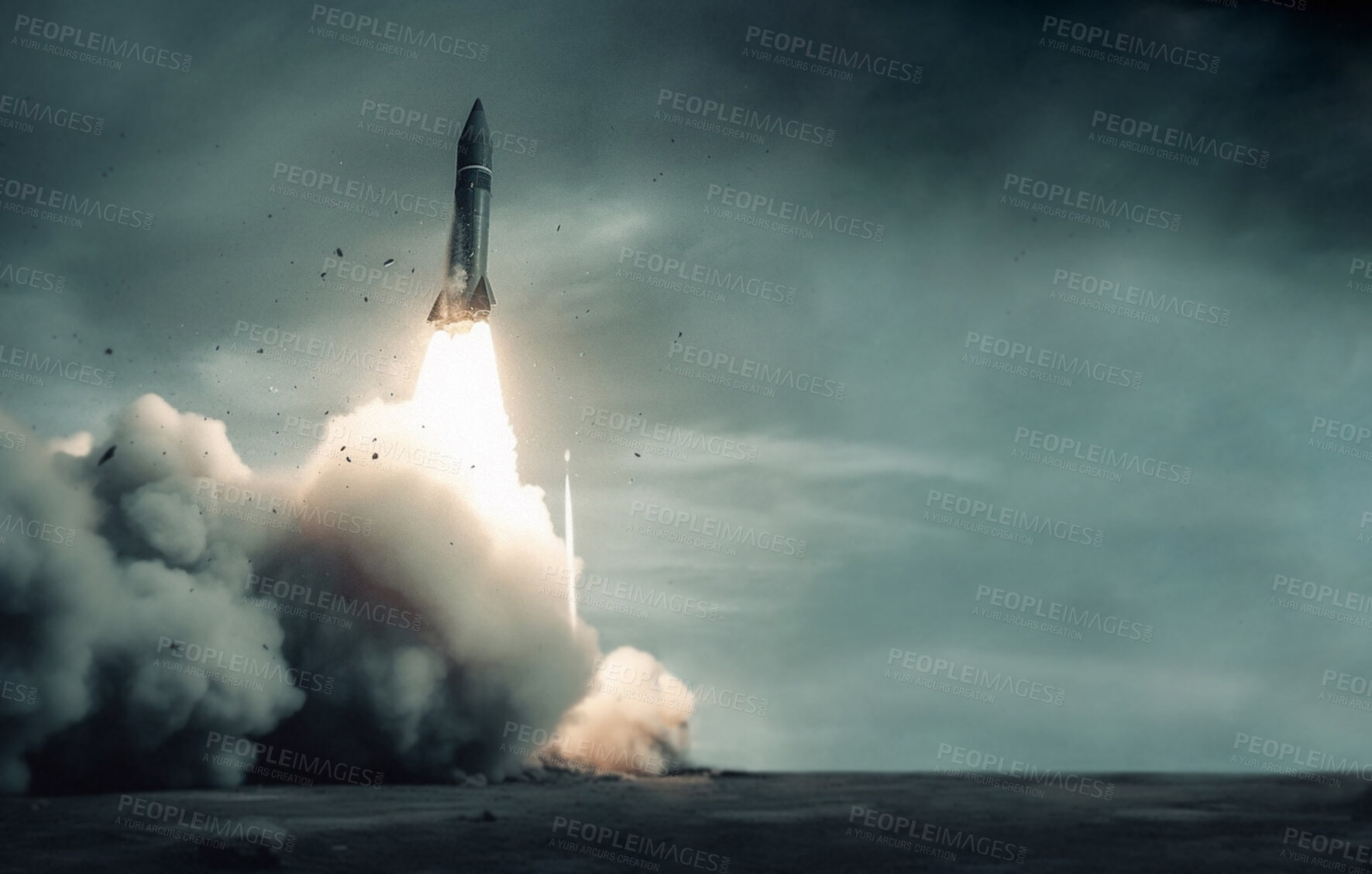 Buy stock photo Rocket missile launch in military war. Ai generated army space ship or shuttle take off on mission