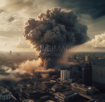 Buy stock photo Explosion, war and army by city building for military. Ai generated dystopia or apocalypse with bomb